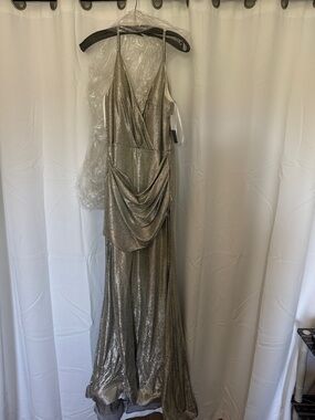 R&M satin flyaway Shimmery Metallic Draped Evening Gown - Gold